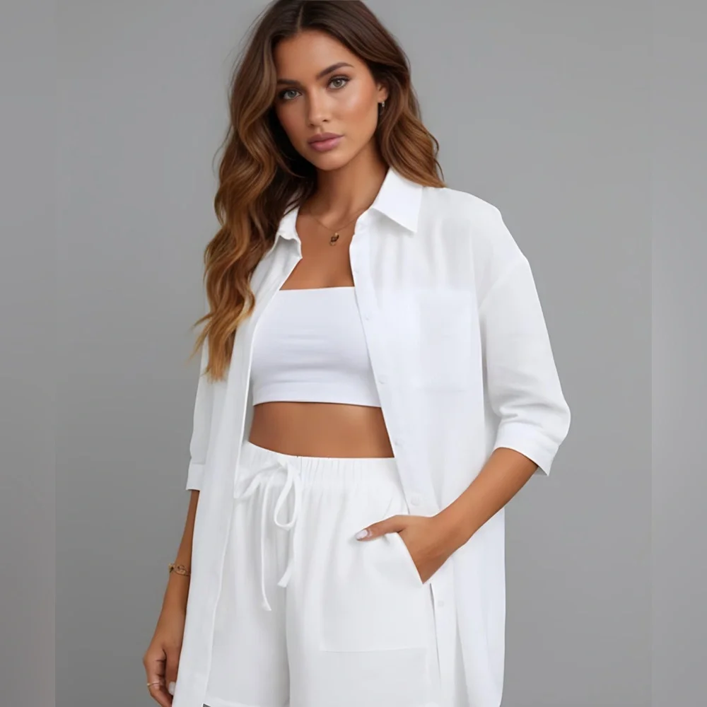 White High Low Hem Blouse With Shorts - Picture 2 of 10